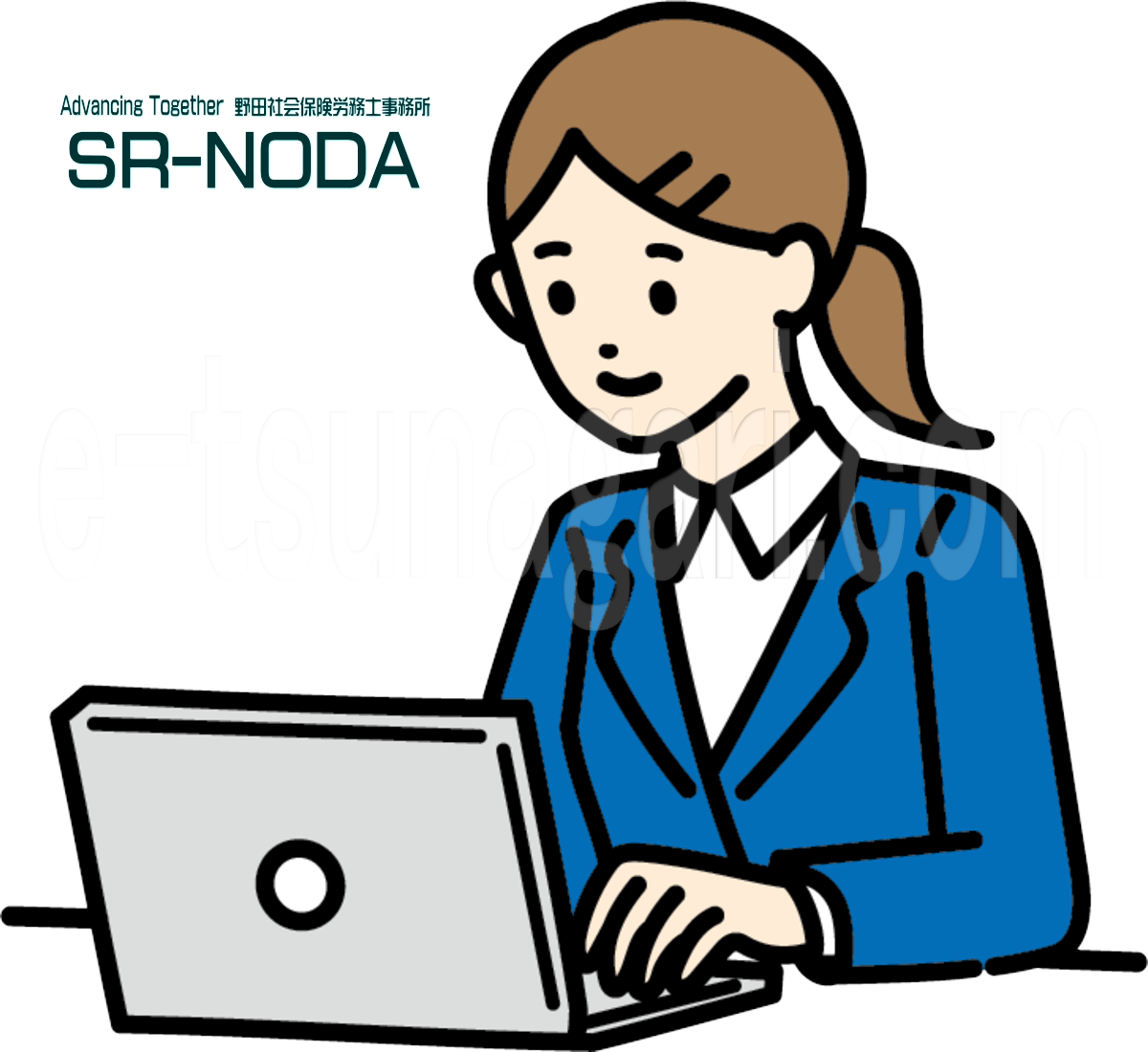 「ノートパソコンの前で作業をしながら画面を見ている女性従業員」のイラスト
