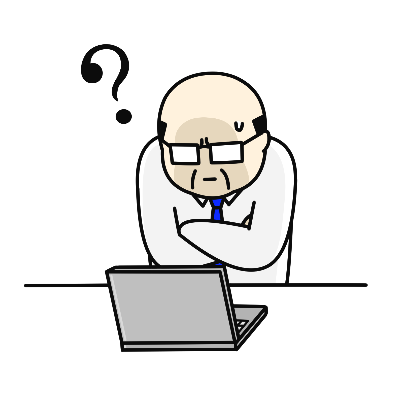 野田社会保険労務士事務所:ブログ「ノートPCの前で考え込むおやじ」イラスト